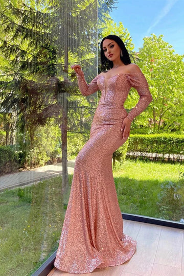 Trendy Rose Gold Long Sleeve Off The Shoulder Sequin Mermaid Evening Gown JTE798