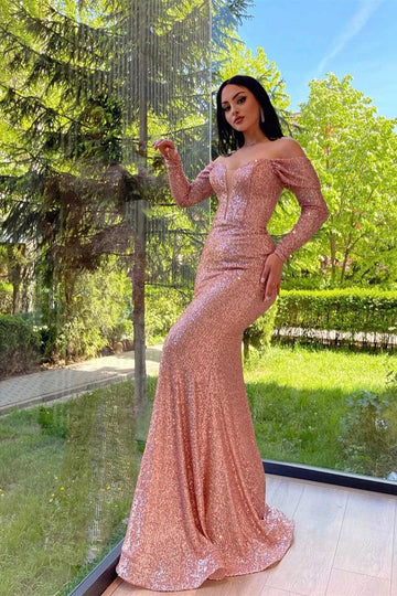 Trendy Rose Gold Long Sleeve Off The Shoulder Sequin Mermaid Evening Gown JTE798