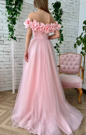 Trendy Pink Junior Applique Off-the-shoulder A-line Evening Gown JTE801