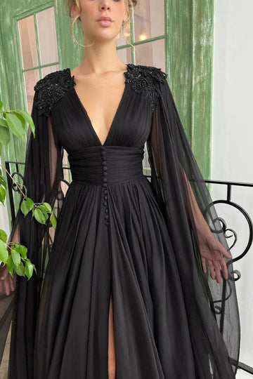 Trendy A-line Black V-neck Tulle Prom Gown JTE807