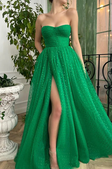 Trendy Green A-line Strapless Sweetheart Sequined Tulle Prom Gown JTE809