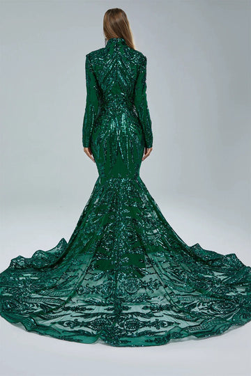 Trendy Dark Green Long Sleeve High Neck Mermaid Evening Gown JTE811