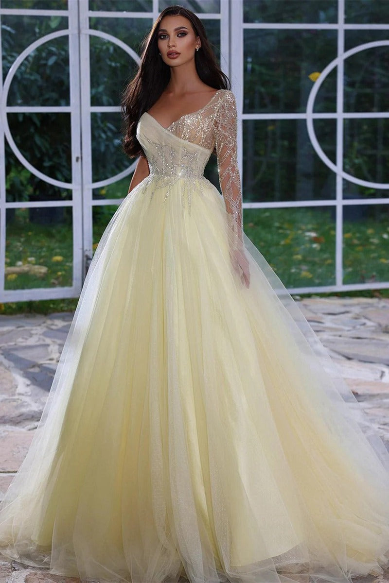 Trendy Lemon-Yellow Long Sleeves V-neck Prom Gown JTE812 Trendy Lemon-Yellow Long Sleeves V-neck Prom Gown JTE812