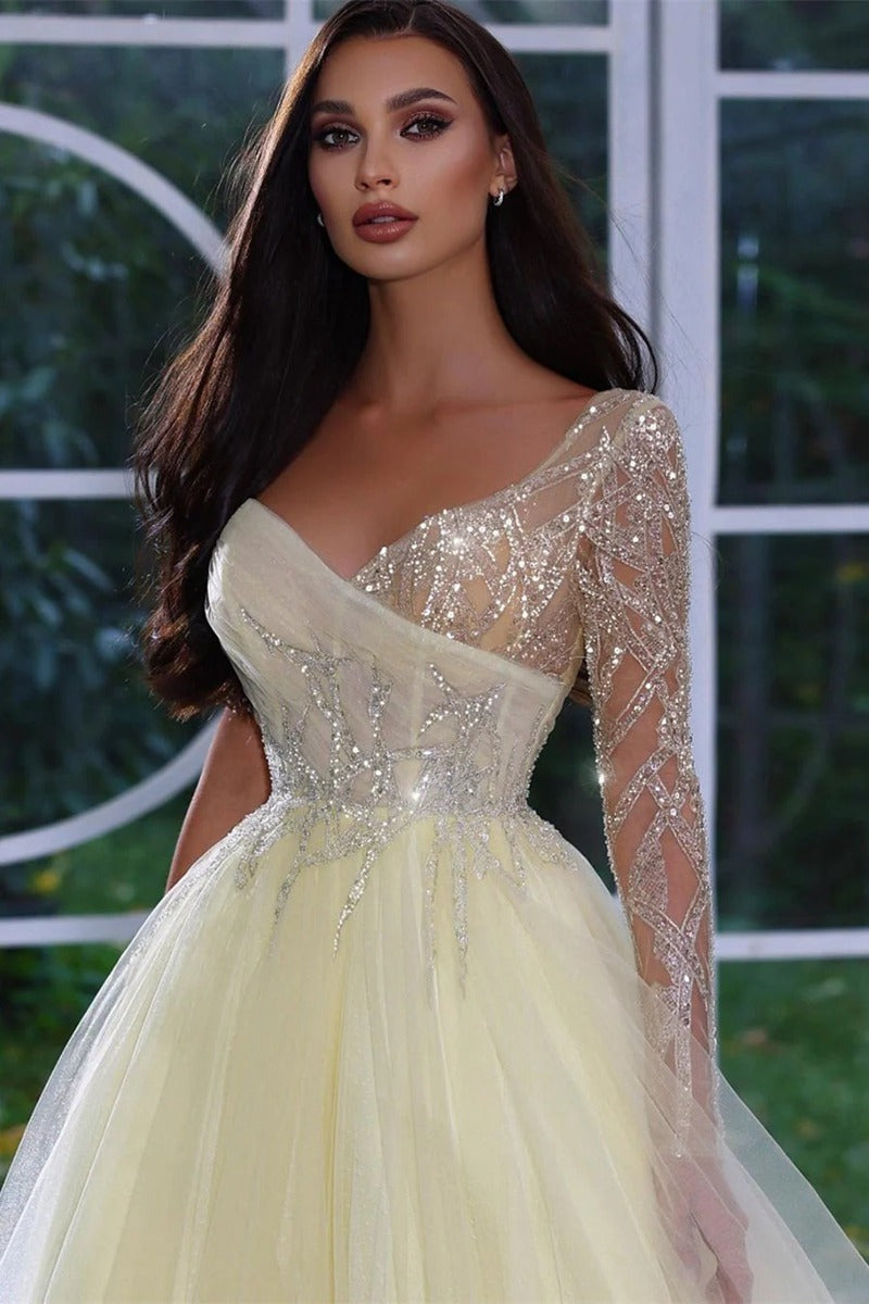 Trendy Lemon-Yellow Long Sleeves V-neck Prom Gown JTE812 Trendy Lemon-Yellow Long Sleeves V-neck Prom Gown JTE812