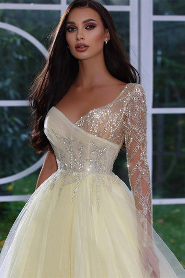 Trendy Lemon-Yellow Long Sleeves V-neck Prom Gown JTE812