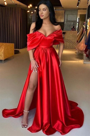 Trendy Red Satin High Split A-line Evening Gown JTE819