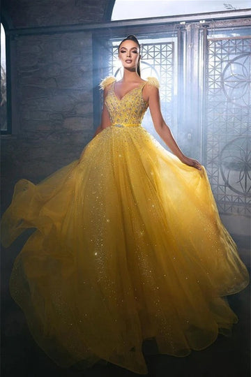 Trendy Yellow Beading A-line Prom Gown JTE820