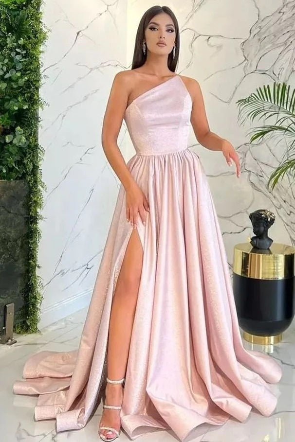 Pink Satin One Shoulder Slit Prom Dress JTE822