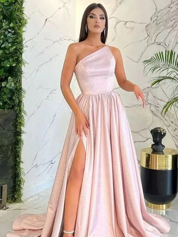 Pink Satin One Shoulder Slit Prom Dress JTE822