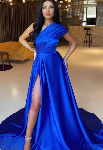Trendy A-line Royal Blue Satin One Shoulder Slit Prom Gown JTE823