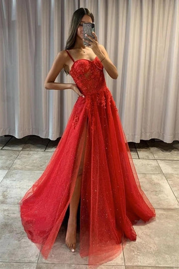Trendy Junior Red A-line Spaghetti Strap Slit Tulle Prom Gown JTE824