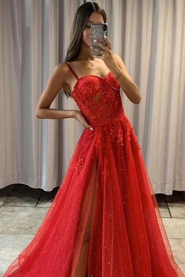 Trendy Junior Red A-line Spaghetti Strap Slit Tulle Prom Gown JTE824