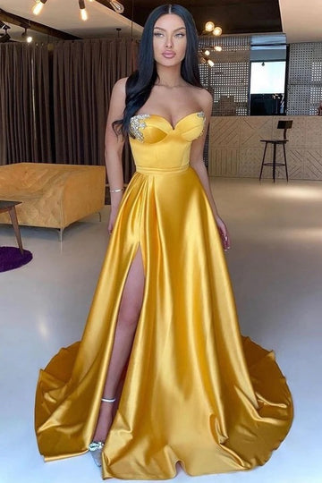 Trendy Yellow A-line Satin Slit Prom Gown JTE825