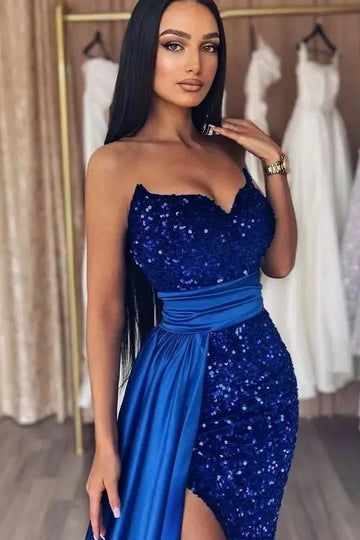Trendy Blue Sequined Overskirt Mermaid Evening Gown JTE826