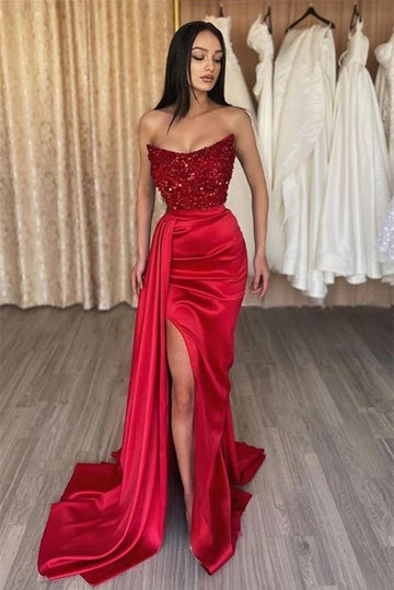 Trendy Red Slit Satin Mermaid Evening Gown JTE827