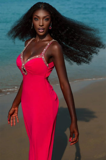Trendy Red Straps Beading Sheath Prom Gown JTE830