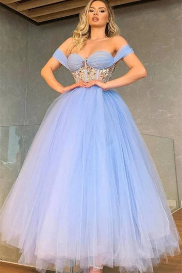 Trendy Blue Off-The-Shoulder Junior Tulle Princess Prom Gown JTE835