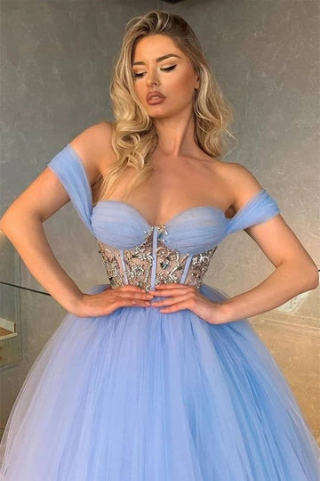 Trendy Blue Off-The-Shoulder Junior Tulle Princess Prom Gown JTE835