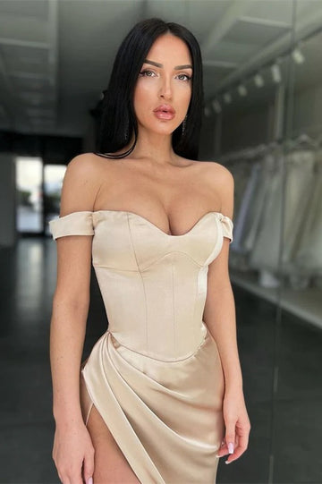 Trendy Champagne Off-The-Shoulder Slit Evening Gown JTE846