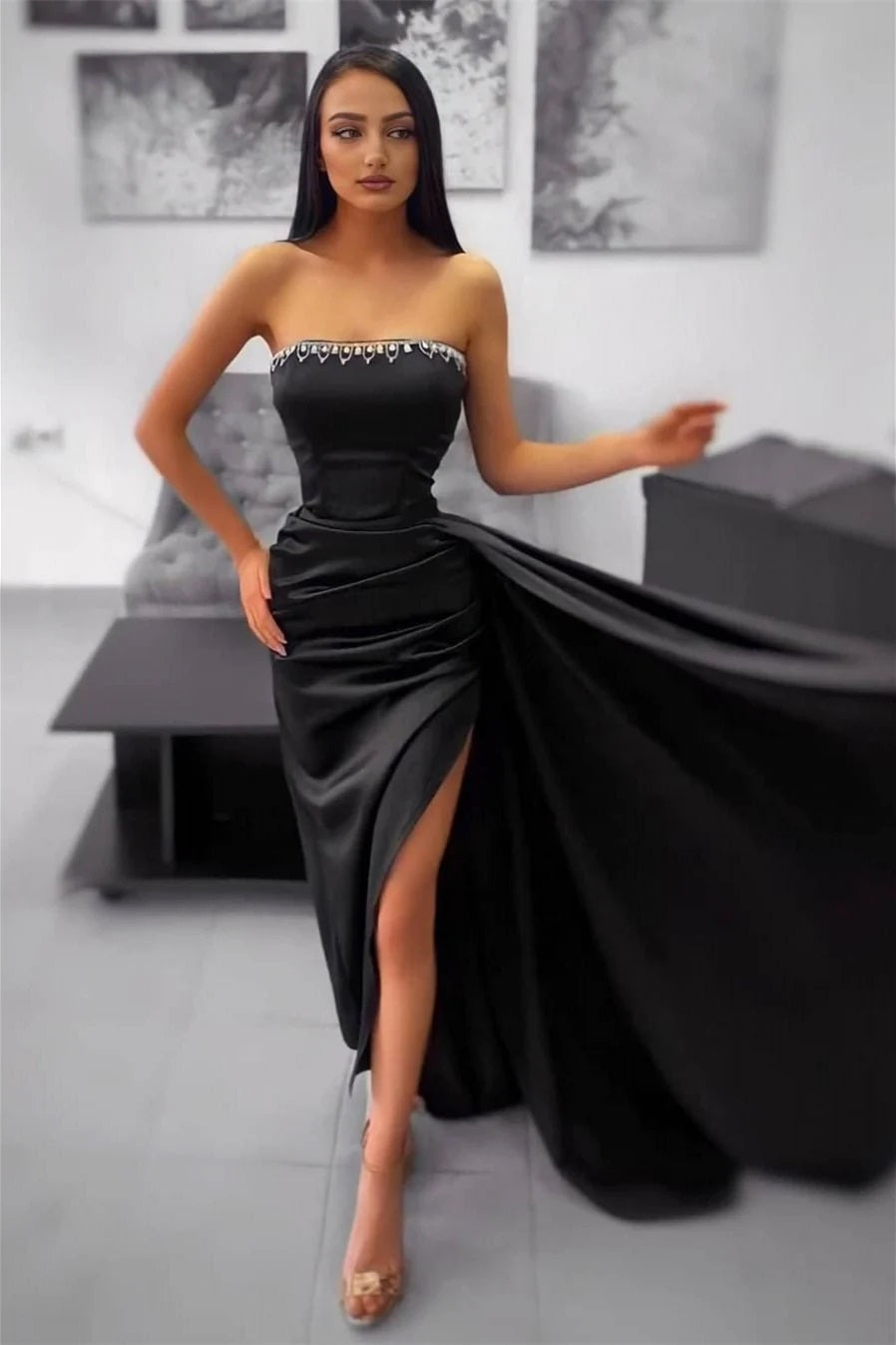 Trendy Black Sweetheart Strapless Satin Mermaid Evening Gown JTE854