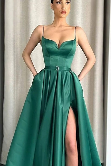 Trendy Dark Green Sweetheart Straps Satin Slit A-line Evening Gown JTE855