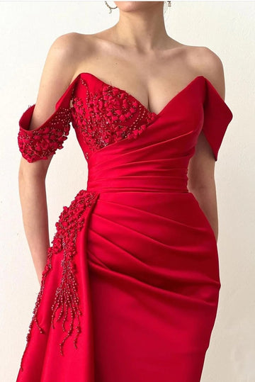 Trendy Red Off-the-Shoulder Satin Beading Mermaid Evening Gown JTE863
