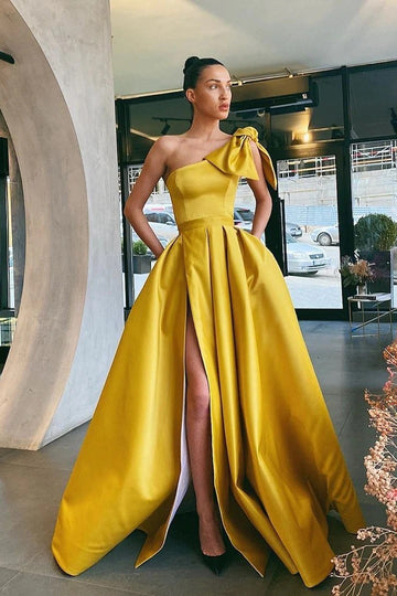 Trendy Yellow One Shoulder Satin A-line Prom Gown JTE870