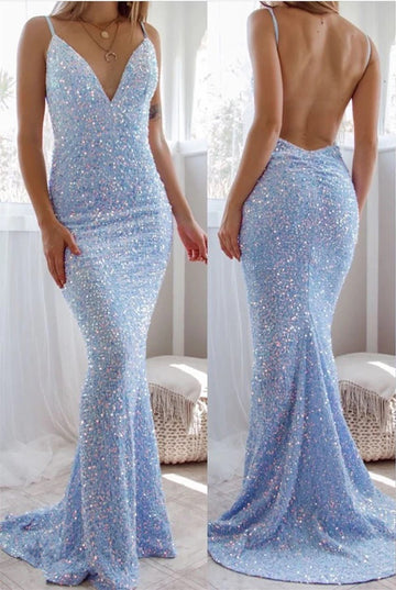 Trendy Blue Sexy V-neck Straps Mermaid Evening Gown JTE872