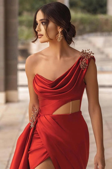 Trendy Red Satin One Shoulder A-line Evening Gown JTE874