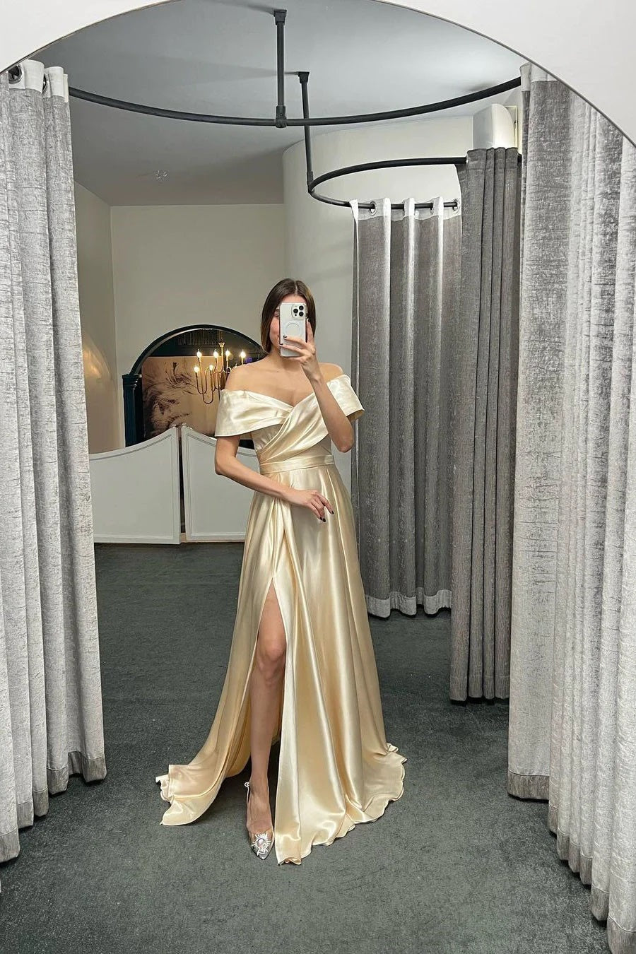 Trendy Red Off-The-Shoulder Satin Sexy Slit A-line Evening Gown JTE876