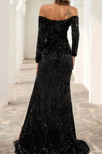 Trendy Black Off-The-Shoulder Sequin Long Sleeve Sexy Slit Sheath Evening Gown JTE877