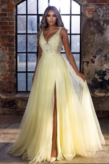 Trendy Yellow V-neck Slit A-line Prom Gown JTE879