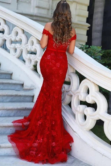 Trendy Red Off-the-Shoulder Lace Beading Mermaid Evening Gown JTE882