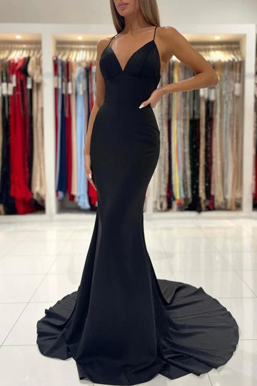 Trendy Black V-Neck Spaghetti-Straps Mermaid Evening Gown JTE883