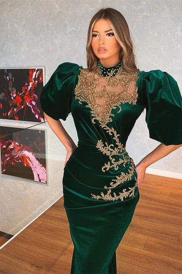 Trendy Dark Green Applique Half Sleeve Mermaid Evening Gown JTE885