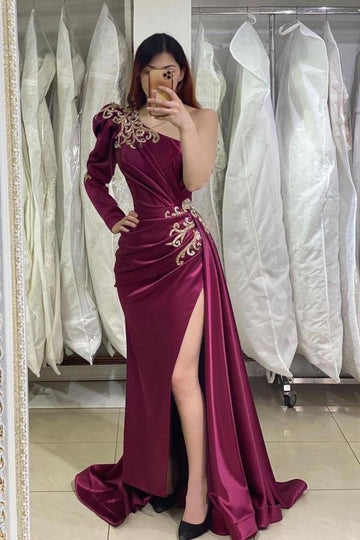 Trendy Dark Fuchsia One Sleeve Applique Mermaid Evening Gown JTE887
