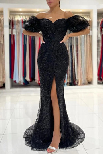 Trendy Black Off-The-Shoulder Sexy Slit Mermaid Evening Gown JTE889