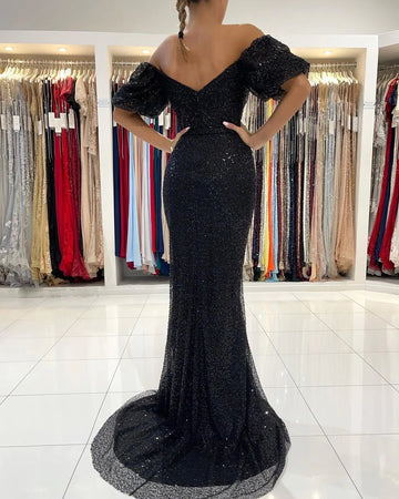 Trendy Black Off-The-Shoulder Sexy Slit Mermaid Evening Gown JTE889
