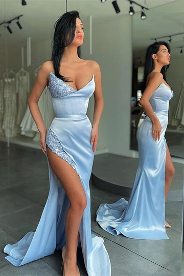 Trendy Blue Sexy Slit V-neck Evening Gown JTE892