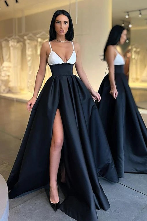 Trendy Black Straps Sexy Slit V-neck Evening Gown JTE893