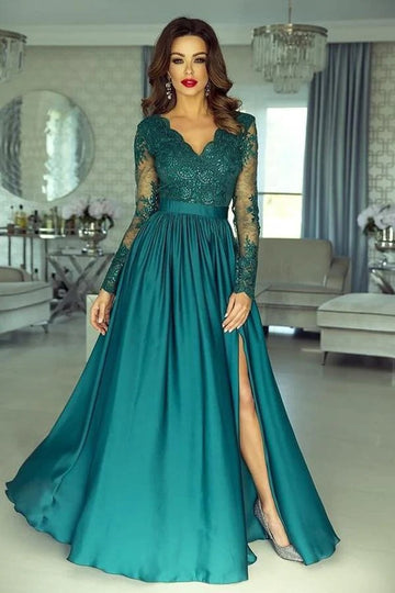 Trendy Ink Blue Long Sleeves Lace Appliques Slit V-neck Evening Gown J Trendy Ink Blue Long Sleeves Lace Appliques Slit V-neck Evening Gown J