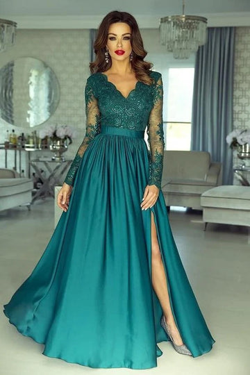 Trendy Ink Blue Long Sleeves Lace Appliques Slit V-neck Evening Gown JTE894