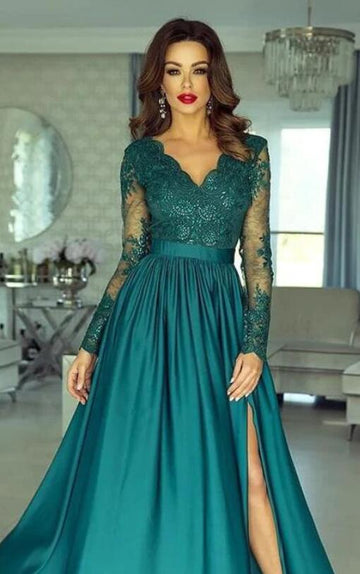 Trendy Ink Blue Long Sleeves Lace Appliques Slit V-neck Evening Gown JTE894