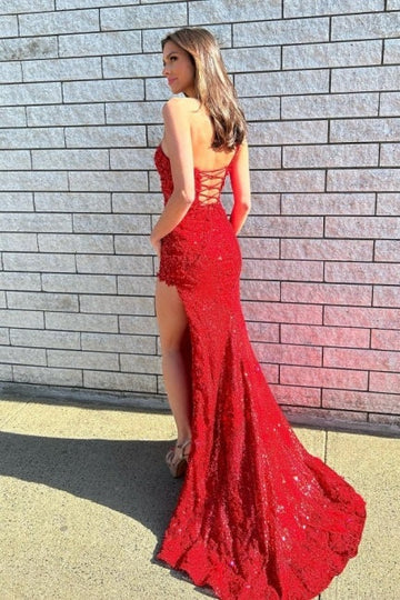 Trendy Red One Shoulder Lace Beading Slit Mermaid Prom Gown JTE901