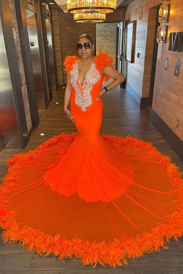 Trendy Orange Plus V-neck Sweep Train Mermaid Evening Gown JTE904