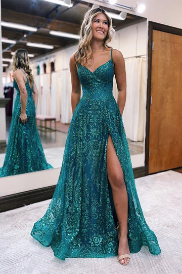 Trendy Ink Blue V-neck Lace Beading Slit A-line Evening Gown JTE905