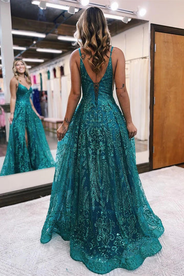 Trendy Ink Blue V-neck Lace Beading Slit A-line Evening Gown JTE905