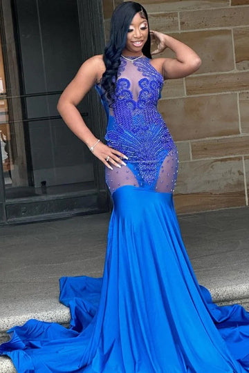 Trendy Royal Blue Illusion Lace Beading Mermaid Evening Gown JTE907