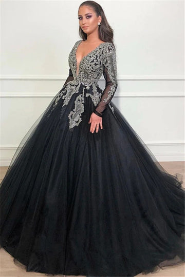 Trendy Black Long Sleeve V-neck Ball Gown Prom Gown JTE919