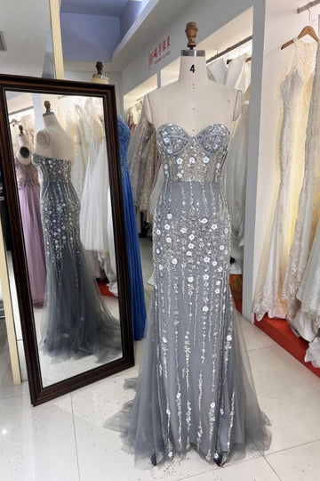 Trendy Gray Sweetheart Pearls Mermaid Evening Gown JTR001